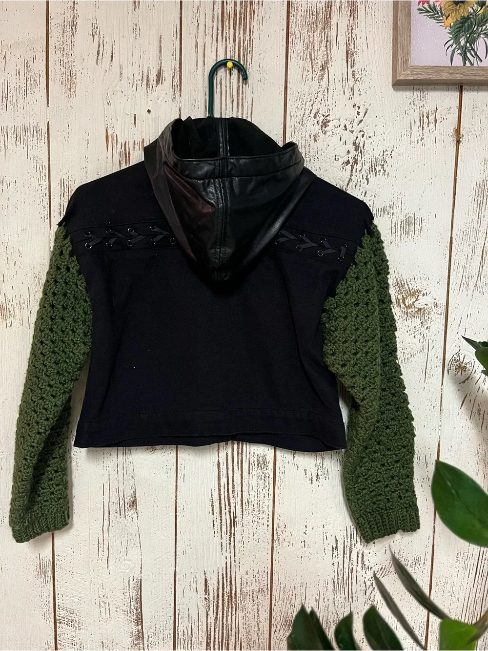 Tractr Black Jean Jacket with Olive Crochet Sleeves and Hooded Collar